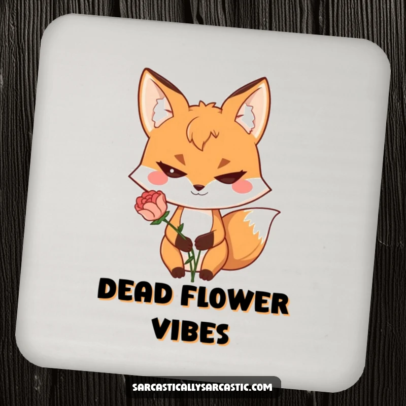 Funny drink coasters featuring a sly fox with a grin holding a wilted flower, adding humor to tables.