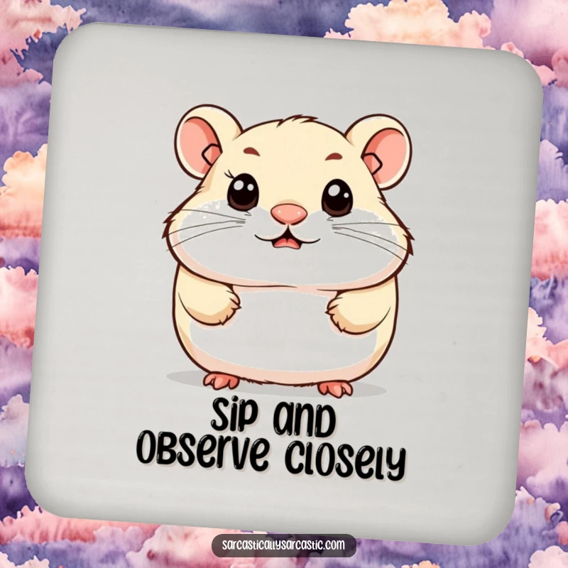 Funny drink coasters featuring a cute hamster with a knowing smirk and observant eyes, protecting surfaces with a dash of adorable intelligence.