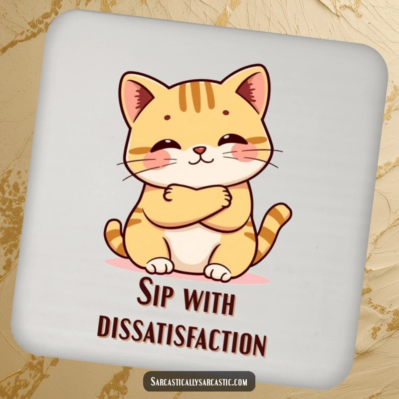 Funny drink coaster with a kawaii cat defiantly crossing its arms and pouting, protecting furniture with cute, humorous sass.