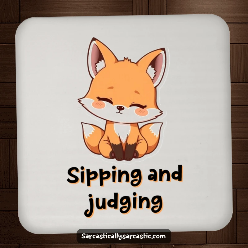 Funny kawaii fox drink coaster with a cute head tilt and hint of amusement, perfect for protecting surfaces, a funny gift.