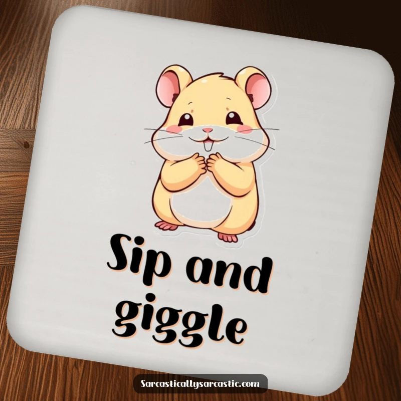Funny kawaii hamster drink coaster with a paw covering its mouth, stifling a smile, perfect for surfaces, a funny gift.