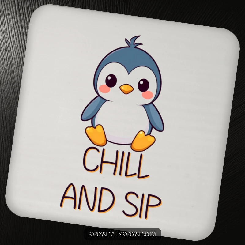 Funny kawaii penguin drink coaster with a deadpan, straight face, perfect for protecting surfaces, a funny gift.