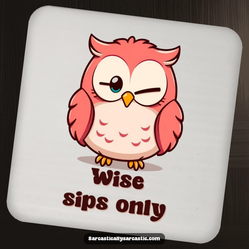 Funny coaster featuring an owl with one eye partially closed, looking knowingly, perfect for wise decor.