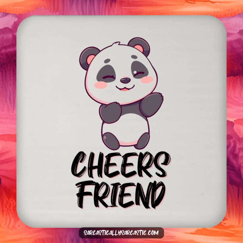 Funny panda coaster showing a cheerful panda bear giving a subtle, knowing wink, protecting surfaces with style.
