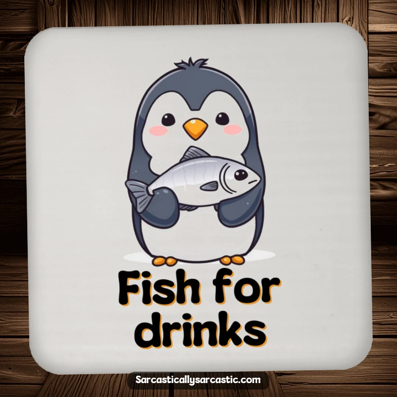 Funny Coaster: A penguin with a completely straight face solemnly offers a single, slightly limp fish with its flipper.