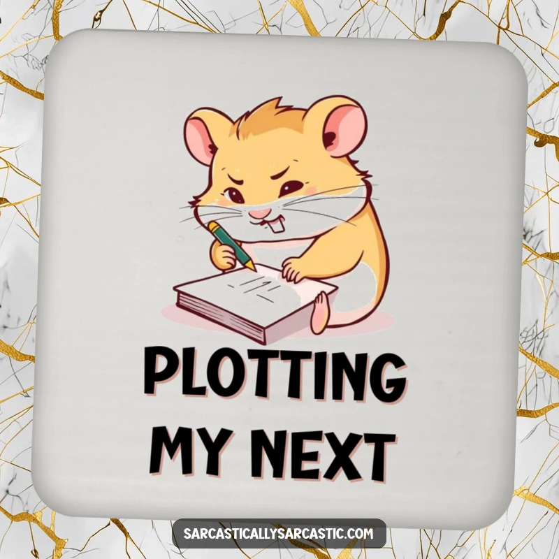 Funny drink coaster set featuring a hamster furiously scribbling on a tiny notepad with a smirk, promoting creativity.