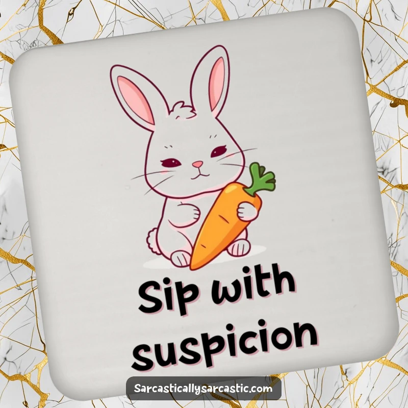 Funny Rabbit Coaster: A rabbit raises an eyebrow skeptically at a carrot, protecting surfaces with humor.
