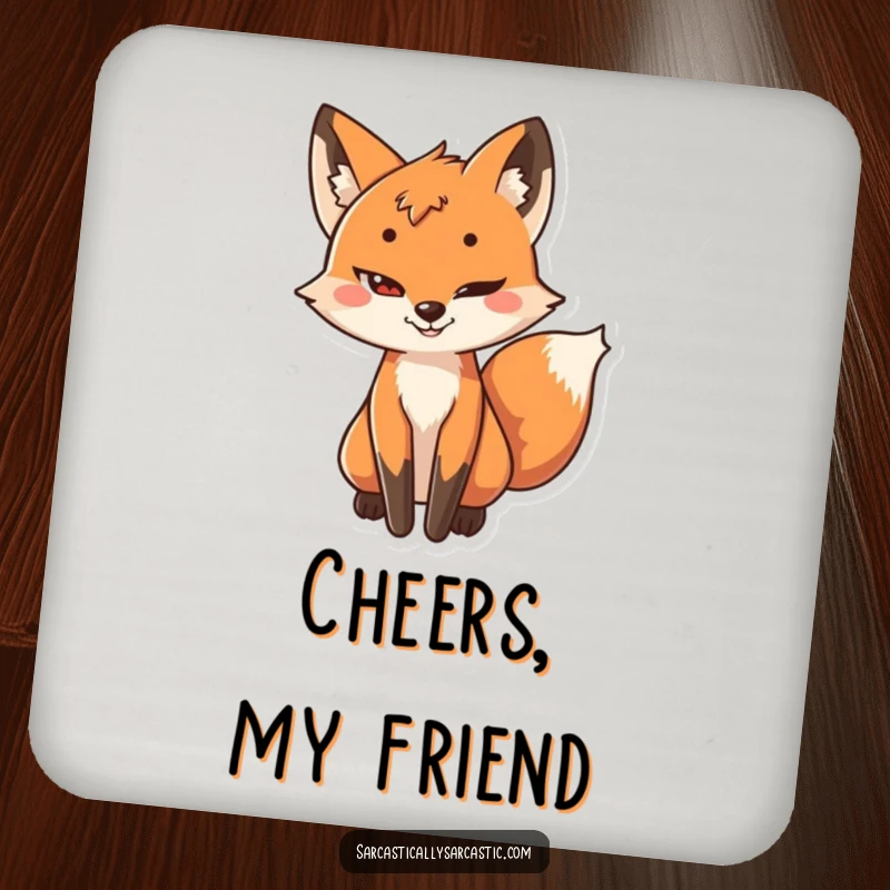 Funny drink coaster with a playful fox character having a sly grin and its tail subtly wagging, suggesting cleverness.
