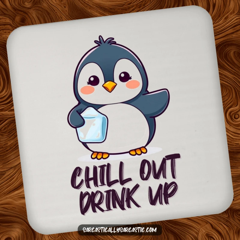 Funny drink coasters featuring a kawaii penguin with a tiny smirk, holding a single ice cube.