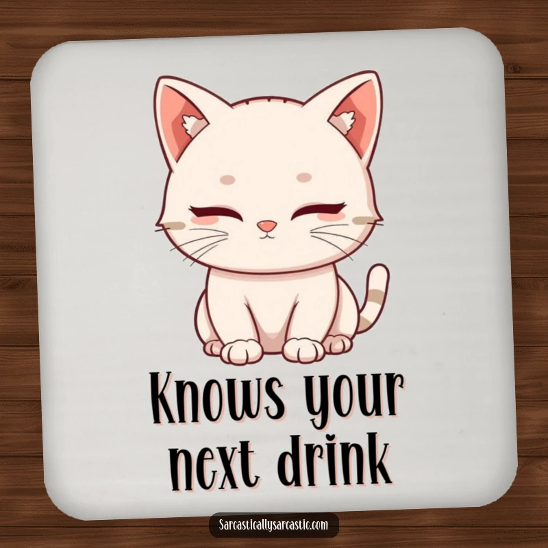 Funny drink coaster with a kawaii cat giving a slow, knowing blink, protecting furniture with subtle humor and elegance.