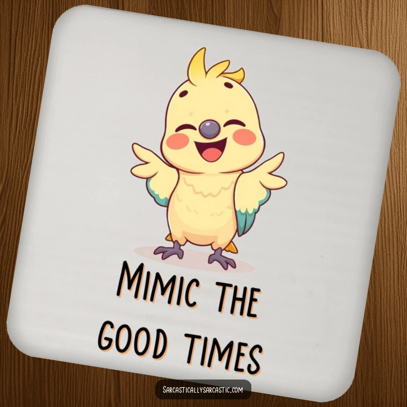 Funny parrot coaster with a cheerful bird performing a hilarious, mimicked gesture, protecting surfaces with a delightful sense of humor.