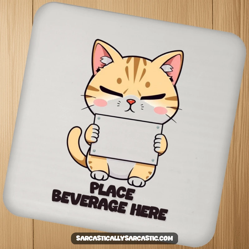 Funny drink coaster depicting a judgmental cat with narrowed eyes and a smirk, holding a tiny sign.