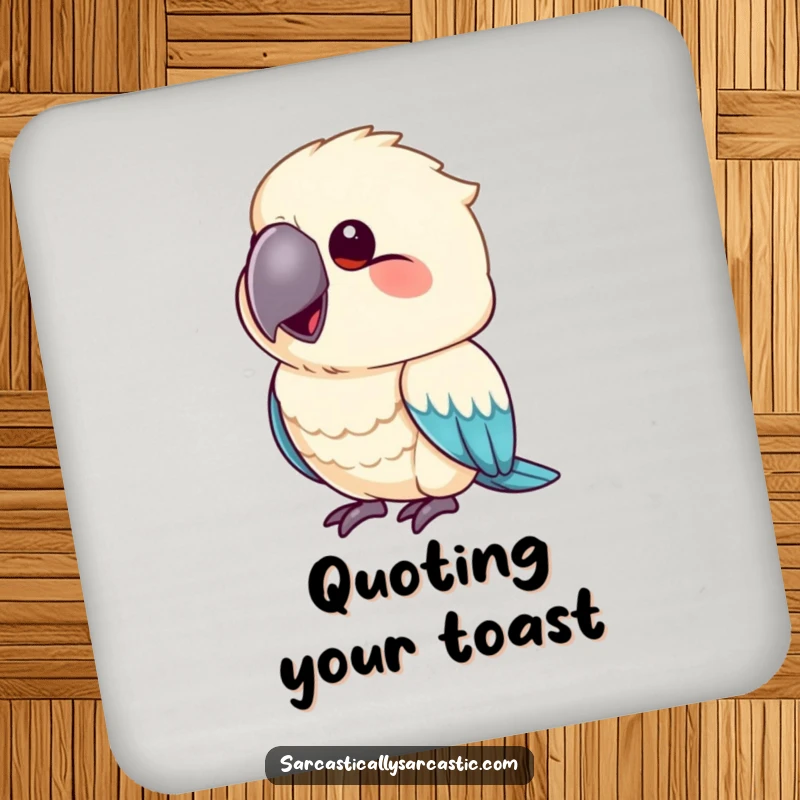 Funny drink coaster set featuring a parrot mimicking a smirk with its beak slightly upturned, adding cheeky decor.