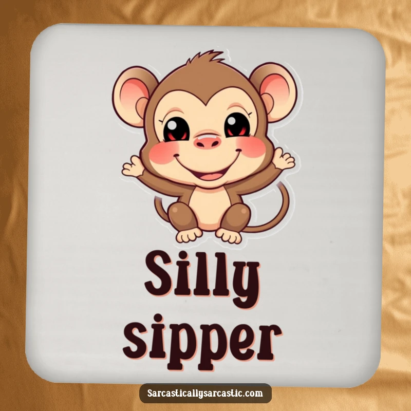 Funny monkey coaster showing a playful primate making a silly, funny face, protecting surfaces with a grin.