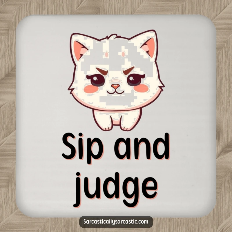 Funny kawaii cat coasters showcasing a sassy character with a raised eyebrow and smirk, protecting tables with humor.