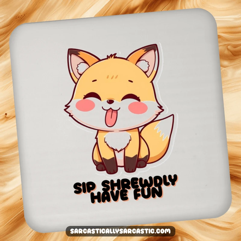 Funny drink coasters featuring a kawaii fox playfully sticking its tongue out.