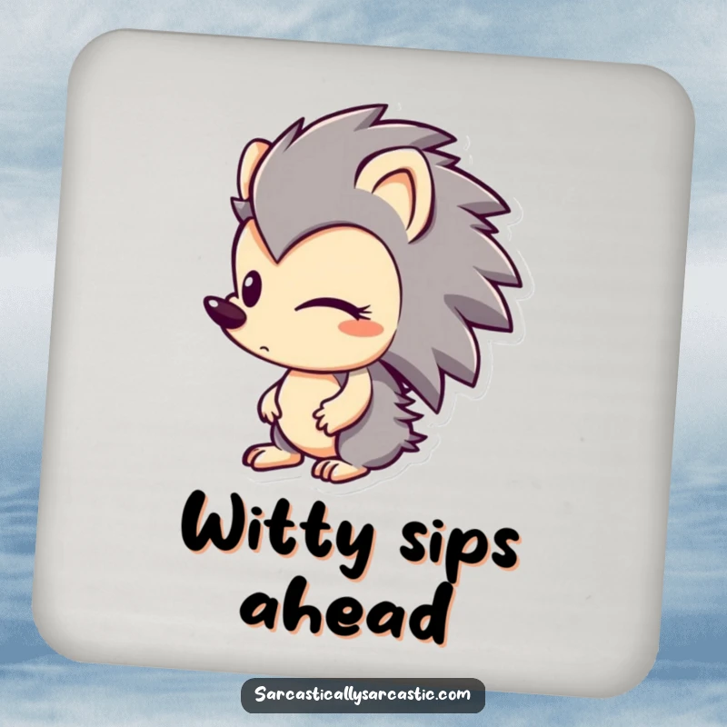 Funny drink coaster showing a hedgehog character looking sideways with a hint of a smirk, symbolizing playful mischief.