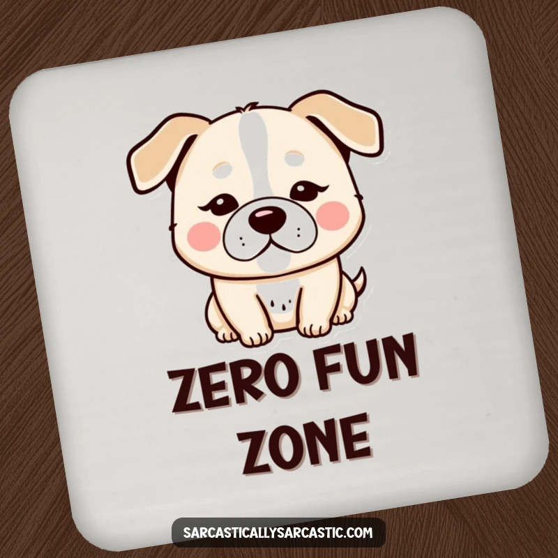 Funny kawaii dog drink coaster, humorously displaying a deadpan expression with slightly droopy ears.