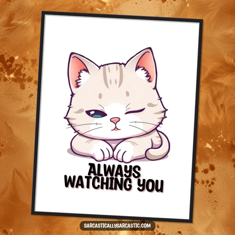 Funny Poster capturing a cat pretending to sleep with one eye open, adding humorous and watchful decor.