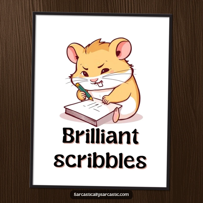 Funny poster depicting a hamster furiously scribbling on a tiny notepad with a smirk, symbolizing creative focus.