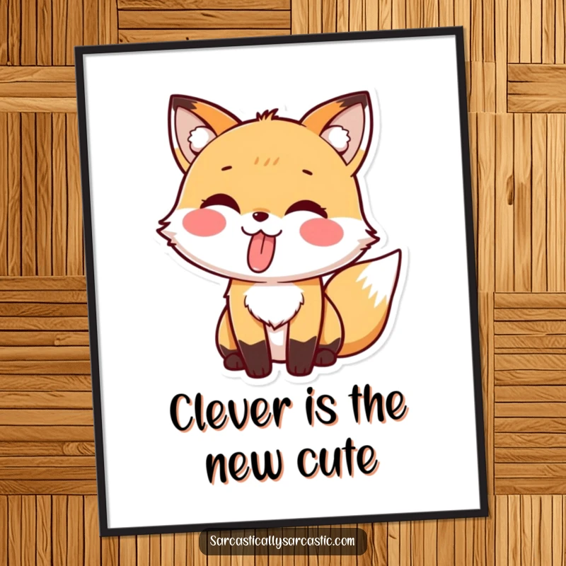 Funny poster art of a kawaii fox playfully sticking its tongue out with a cheeky, cute expression.