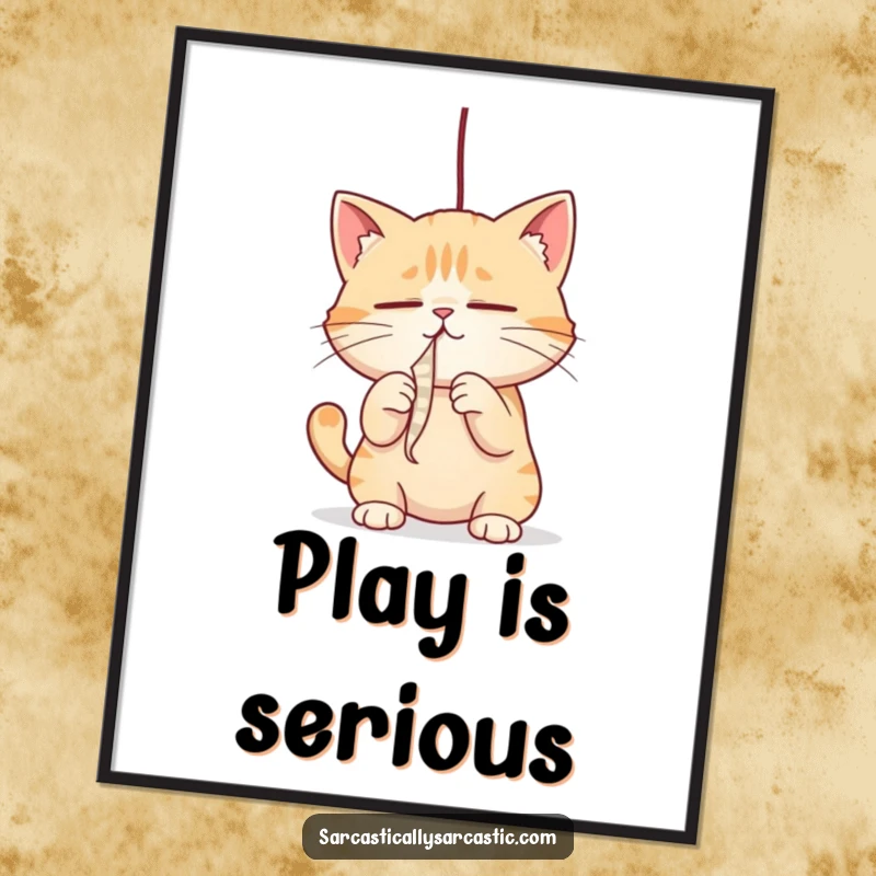 Funny cat poster art featuring a cat with narrowed eyes batting a dangling string, capturing playful focus, a funny gift.