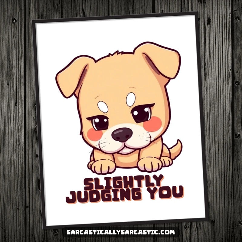 Funny dog poster featuring a dog with a single raised eyebrow, conveying amusement and a hint of skepticism.