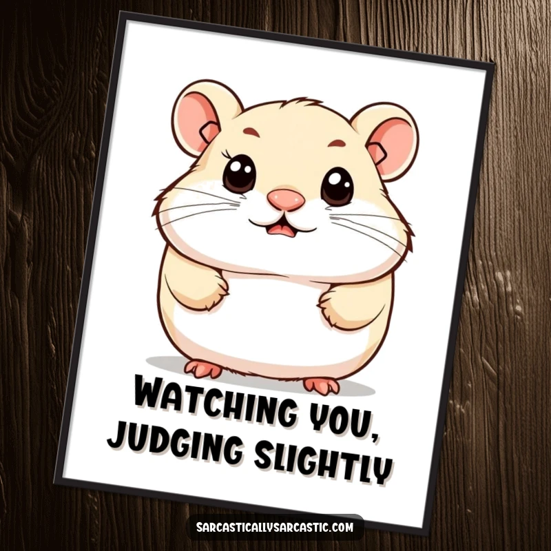 Funny poster featuring a cute hamster with a knowing smirk and bright, observant eyes, adding a touch of adorable wit and charm to any room.