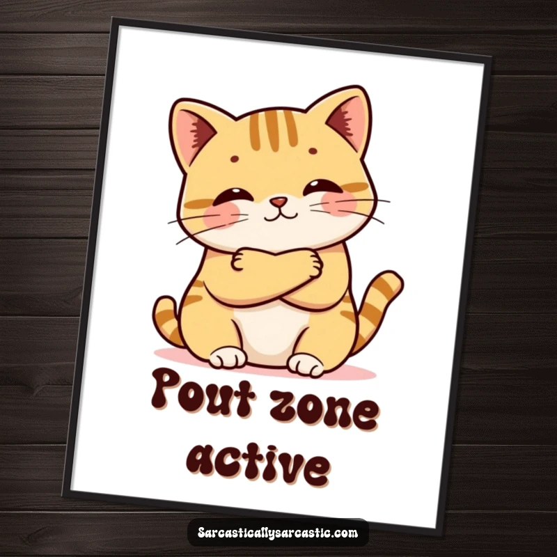 Funny poster displaying a kawaii cat with crossed arms and a small pout, conveying a cute yet stubborn and humorous expression.