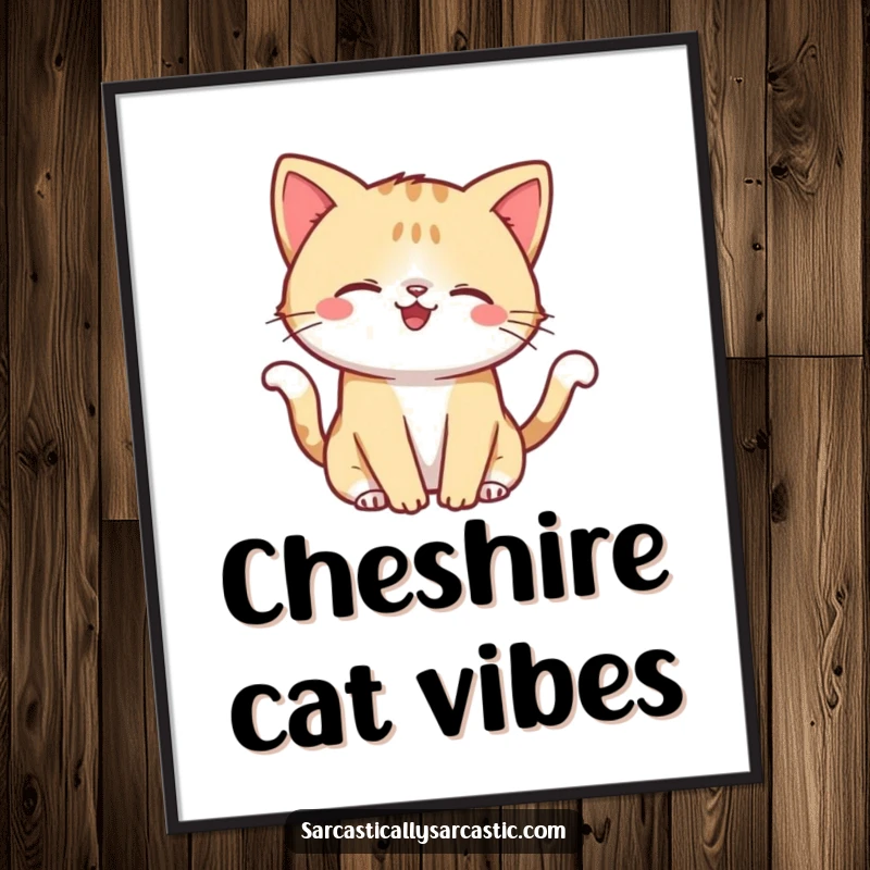 Funny poster art of a kawaii cat with a smirk, playfully flicking its tail, conveying mischievous feline charm.