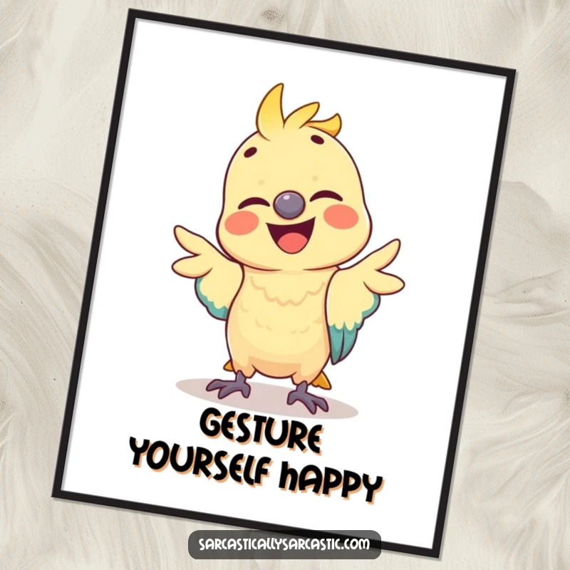 Funny parrot poster displaying a happy bird executing a comical, mimicked gesture, bringing artistic humor and visual delight to any wall.