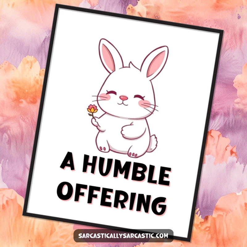 Funny rabbit poster depicting a rabbit with a knowing smile, presenting a small, drooping flower. Whimsical art.