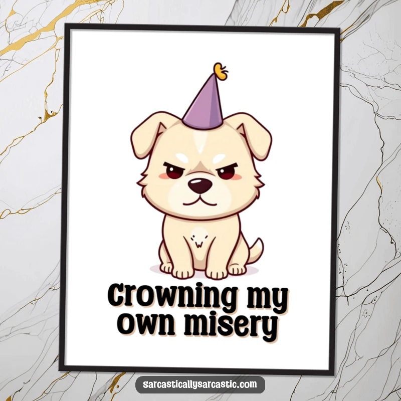 Funny poster of a dog with a sarcastic smirk and a tiny party hat, exuding playful, witty charm.