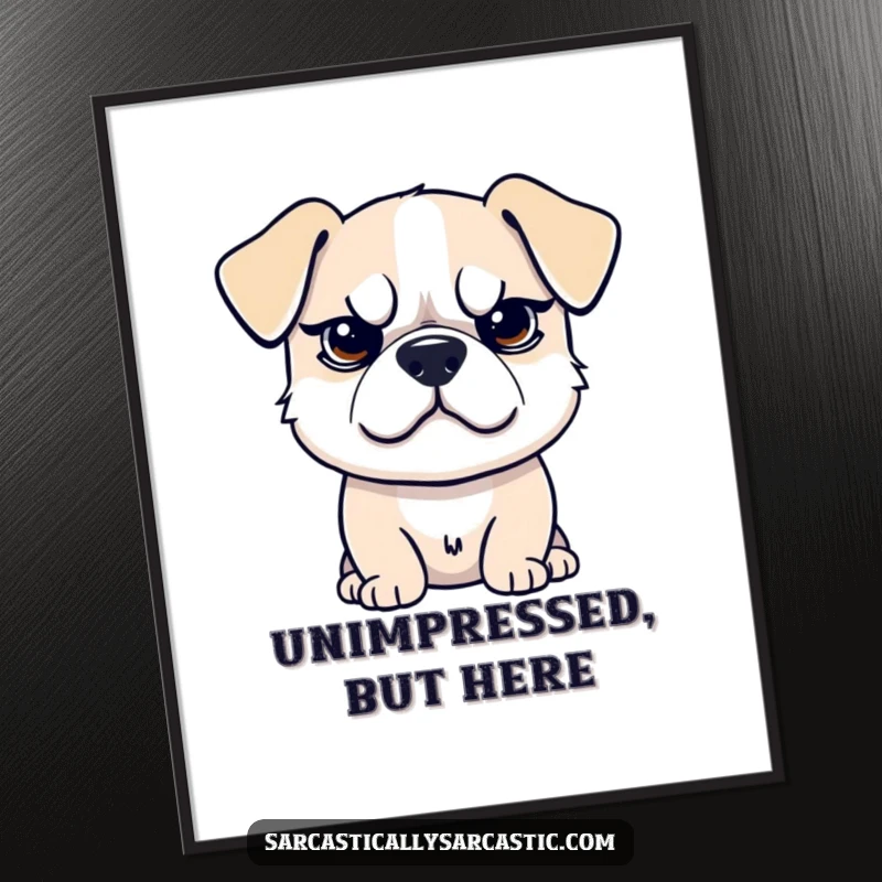 Funny poster of a dog with a raised eyebrow and sarcastic smirk, conveying judgment and a funny gift.