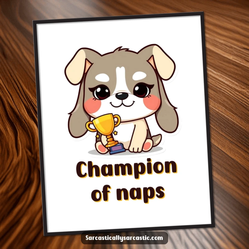Funny smug dog trophy poster depicting a grinning dog holding a tiny trophy, celebrating victory and achievements with humorous pride.