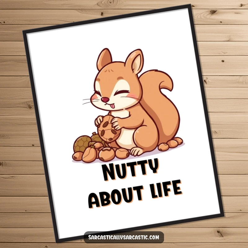 Funny squirrel poster depicting a mischievous rodent with a glint hoarding nuts, perfect for adding artistic humor and a clever touch.