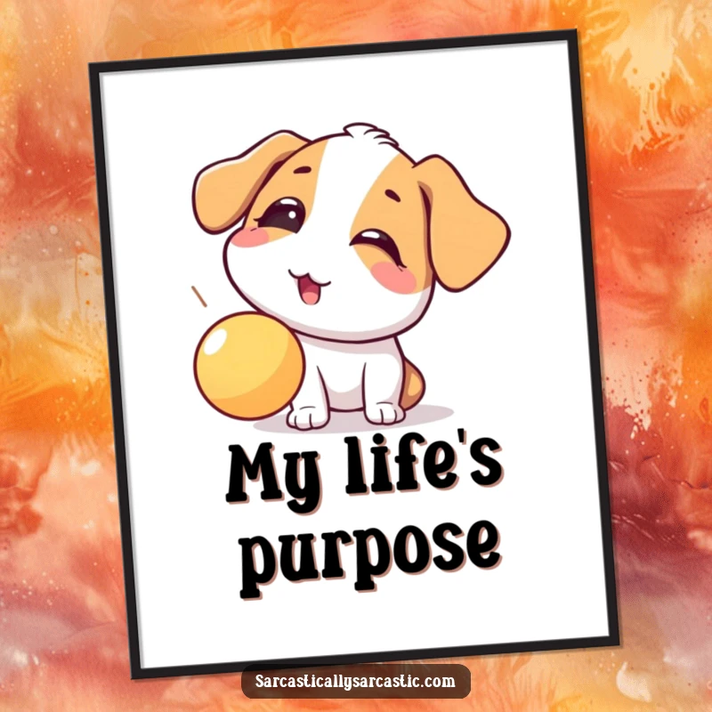 Funny dog art print of a playful eye-roll directed at a falling ball, embodying humorous canine reactions and relatable pet owner moments.