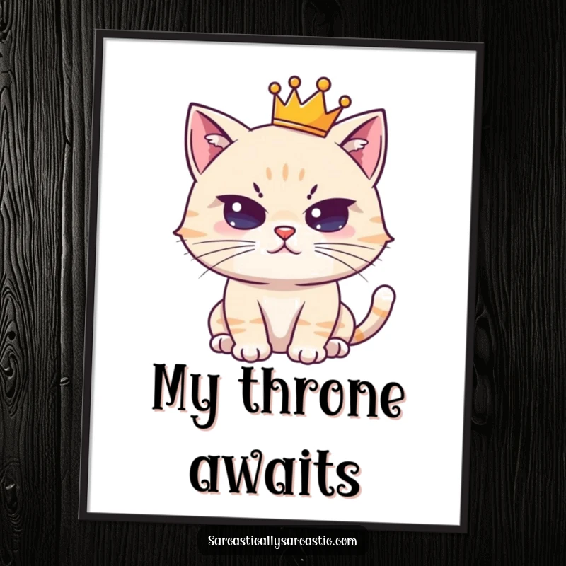 Funny poster art of a cute cat wearing a tiny crown and giving a deadpan stare, exuding ironic royalty.