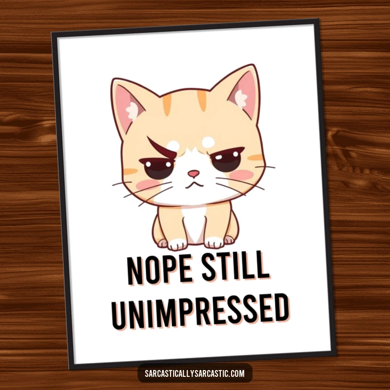 Funny unimpressed cat poster showcasing a judgmental feline with a raised eyebrow, conveying its unimpressed opinion with style.