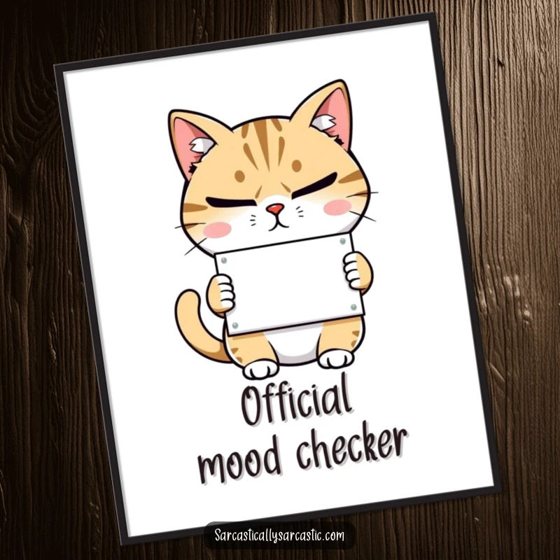 Funny, high-quality poster of a judgmental cat with narrowed eyes and a subtle smirk, holding a tiny sign.