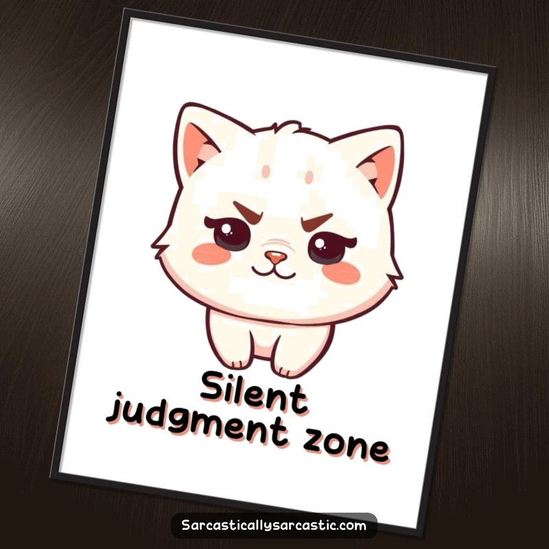 Funny kawaii cat poster showcasing a judgmental character with a raised eyebrow and a smirk, adding humor to wall art.