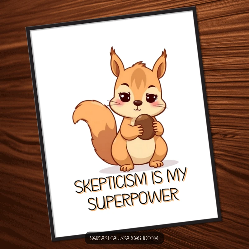 Funny poster of a skeptical squirrel holding a nut, casting a suspicious glance at another.