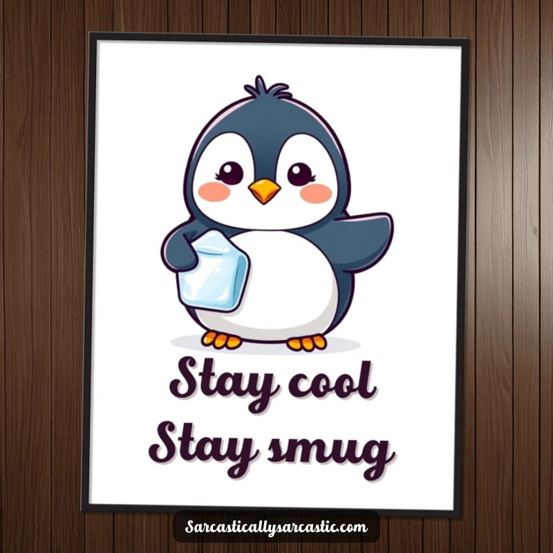 Funny poster art of a kawaii penguin with a tiny smirk, holding a single ice cube, looking undeniably cool.