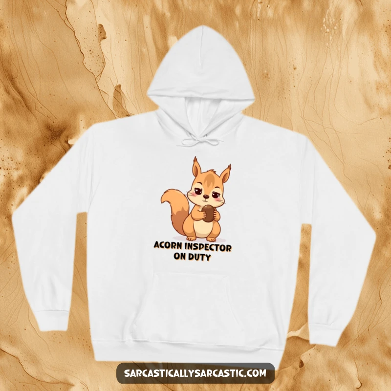 Funny hooded sweatshirt with a skeptical squirrel holding a nut, looking sideways with doubt at an unseen squirrel.