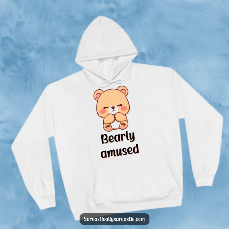 Funny kawaii bear hoodie, cozy and warm, showcasing a character with crossed paws and a subtle eye-roll.