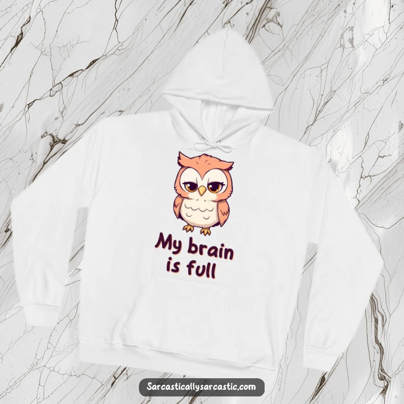 Funny warm hoodie with a curious owl tilting its head, displaying subtle sarcasm. Ideal for screen readers.