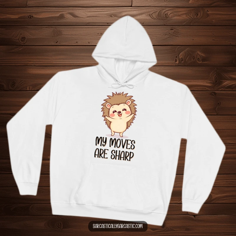 Funny hedgehog hoodie showcasing a happy, spiky creature doing a funny dance, offering warmth and adorable cheer.