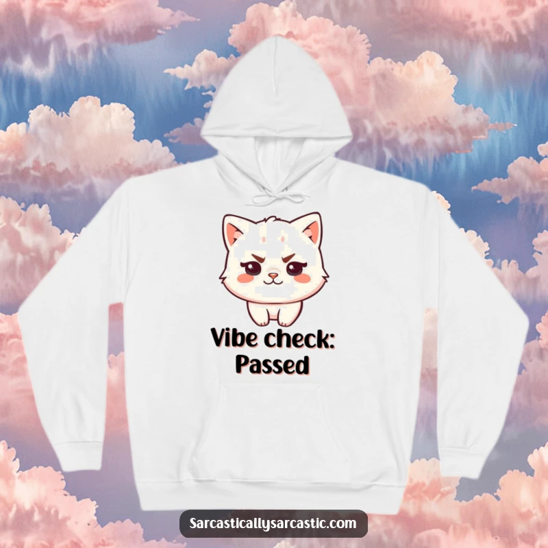 Funny kawaii cat hoodie featuring a smug character with a raised eyebrow and a smirk, perfect for cozy and humorous lounging.