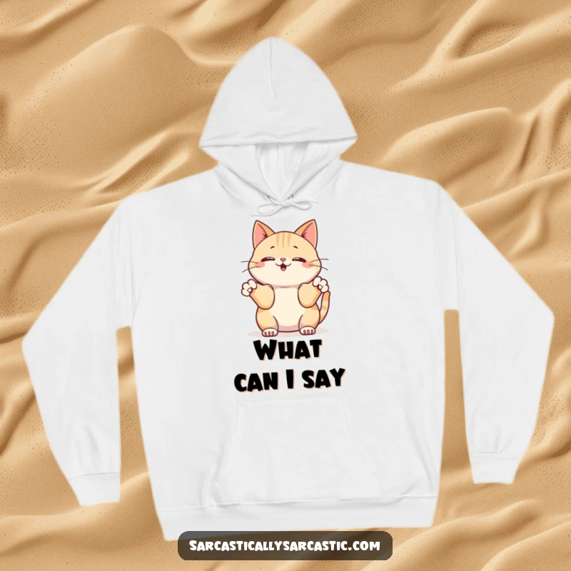 Funny hoodie featuring a kawaii cat innocently shrugging with its front paws, offering cozy comfort and relatable humor.