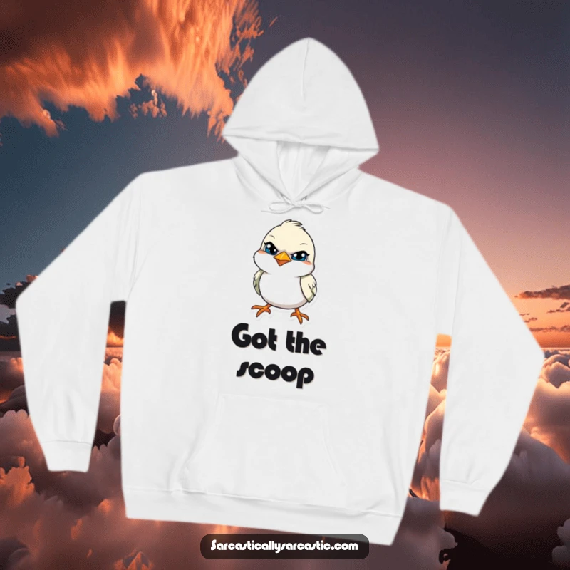 Funny hoodie showcasing a bird with a tilted head and a knowing, sly smile, perfect for cozy, clever moments.
